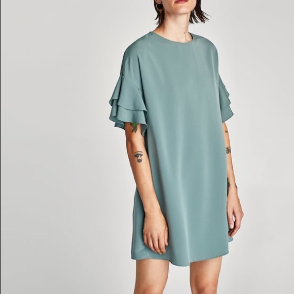 NWOT Zara Teal Crepe Frilled Sleeve Mini Dress - Picture 2 of 8